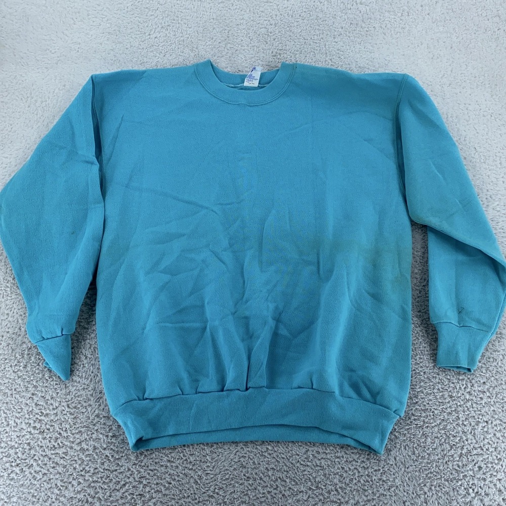 Vintage Tultex Sweater Mens Medium Blank Blue Crewneck Pullover‎ Made USA 90s